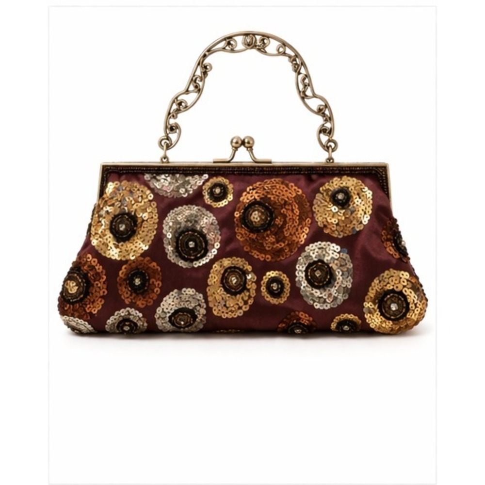 Vintage Retro Geometric Sequin Beaded Shoulder Bag Brown Metal Frame Chain